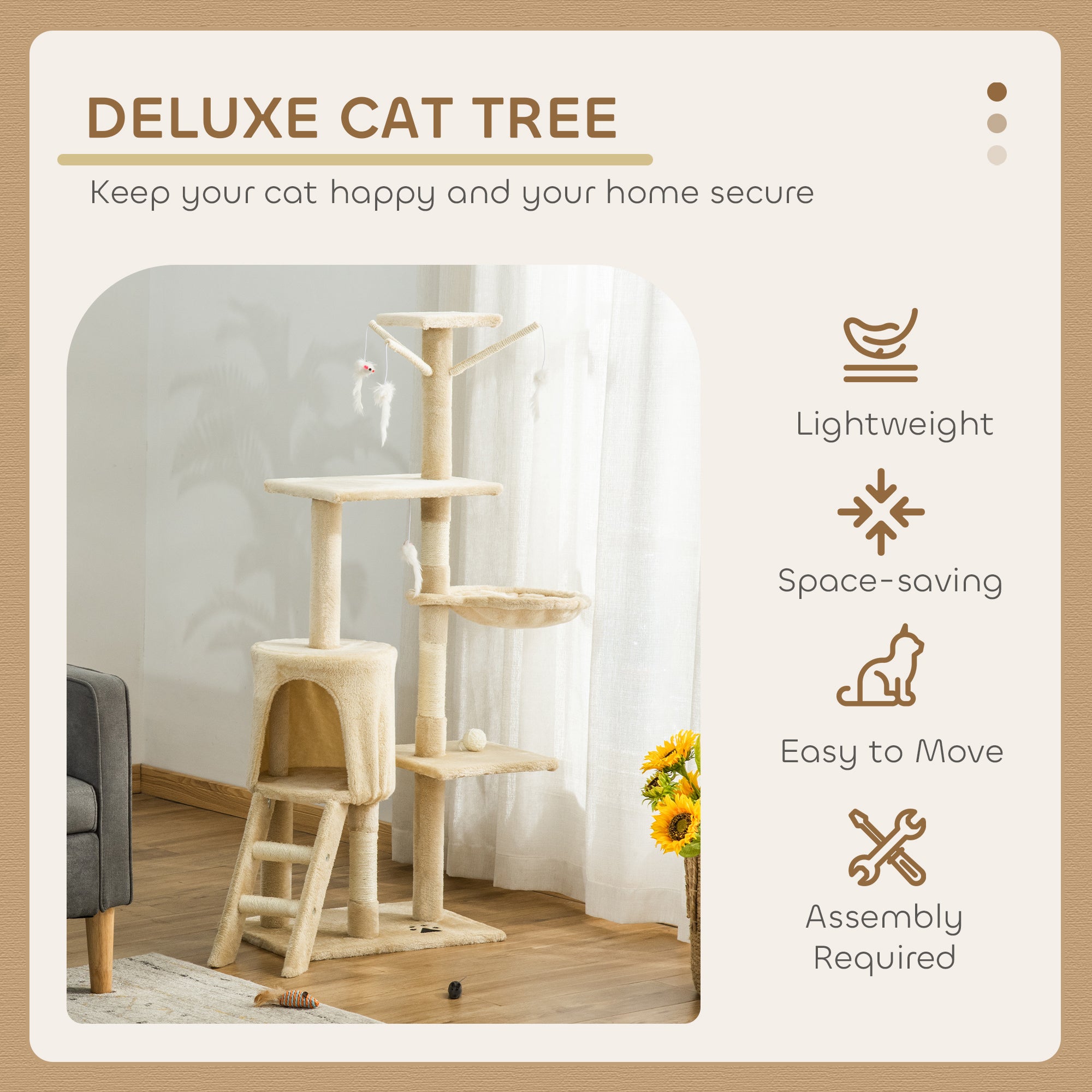 53" Plush Sturdy Interactive Cat Condo Tower Scratching Post Activity Tree House