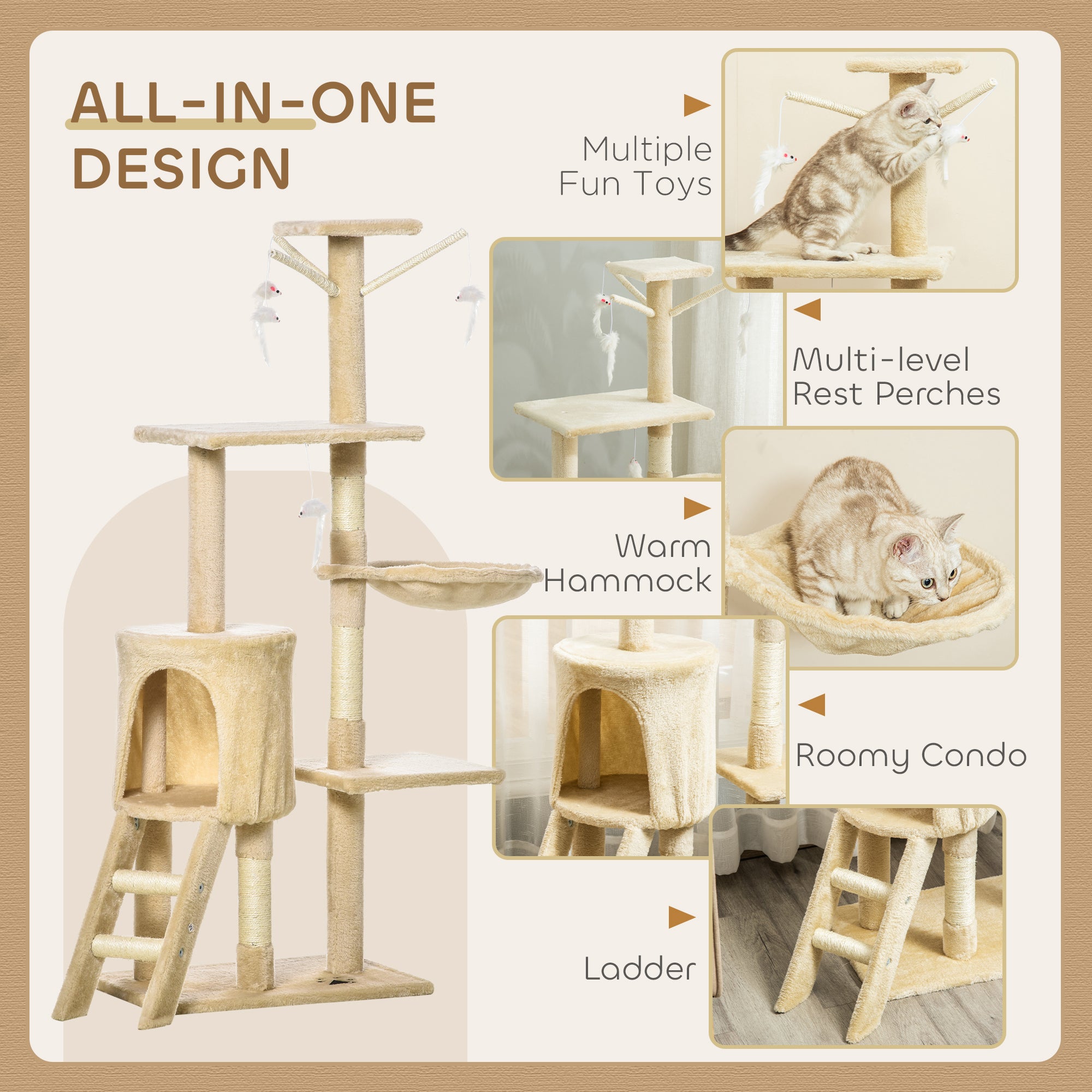 53" Plush Sturdy Interactive Cat Condo Tower Scratching Post Activity Tree House