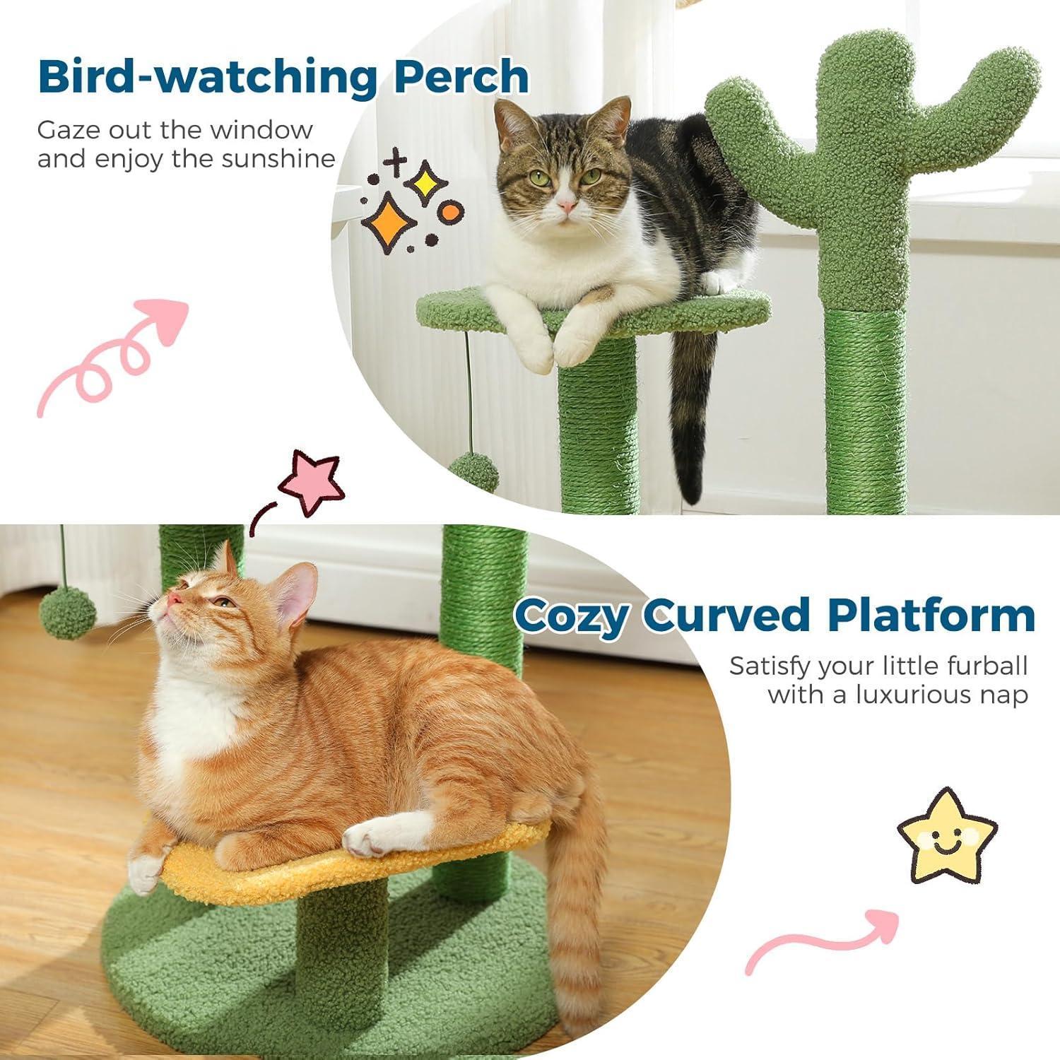 26 Inch Cactus Cat Tree With Bird's Eye View Flower Perch, Soft Cactus Top And Hanging Ball, Compact Vertical Structure For Indoor Cats
